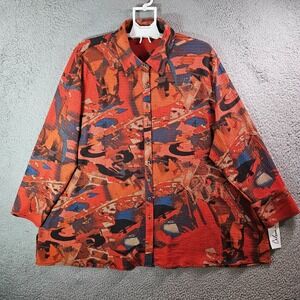 NEW Calessa Shirt Top Women 3X Stretch Button Up Abstract Print Orange Tone‎